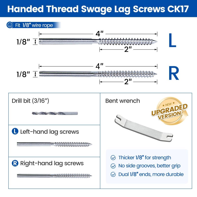 Muzata 20 Pack 1/8" Cable Railing Hardware Kit Swage Lag Screws Left and Right Handed Thread for Wood Post T316 Stainless Steel Deck Cable Railing System 10 Pairs CK17 - Image 2